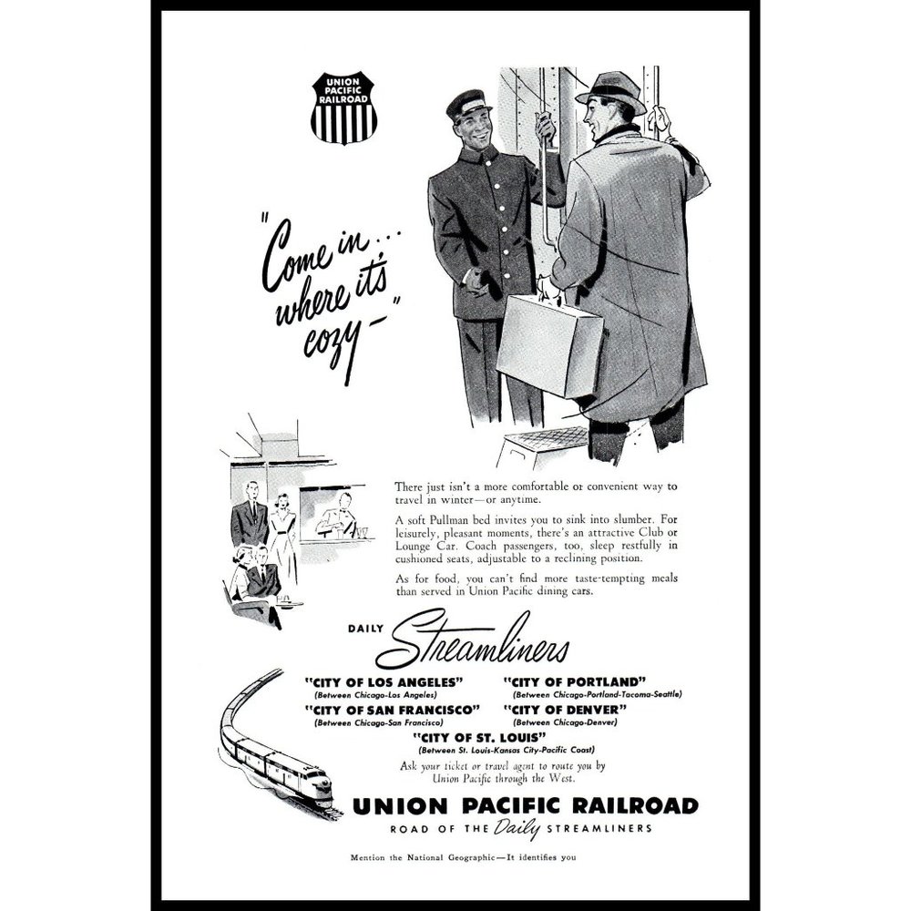 1953 Union Pacific Railroad Vintage Print Ad Bellman Luggage Streamliners Art